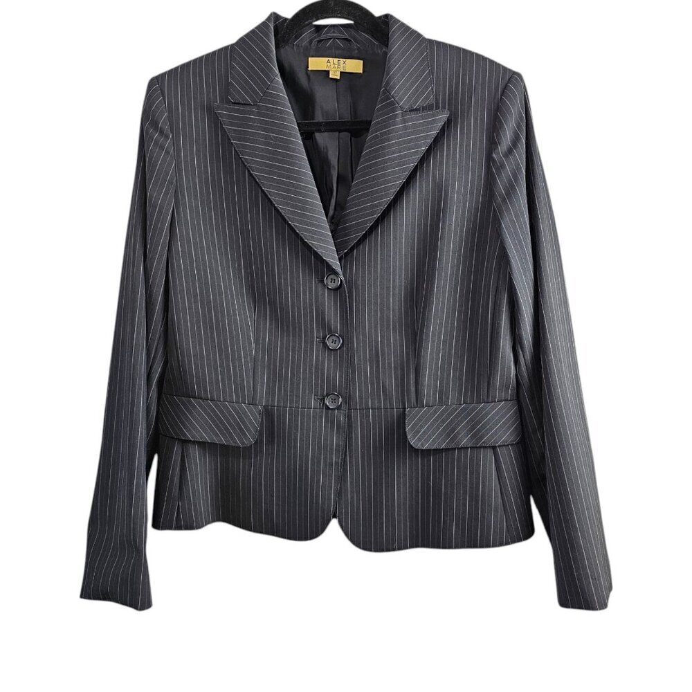 Alex Marie Pinstripe Tailored Peplum Wool Blend Black Suit Jacket Blazer